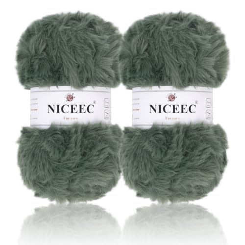 Image of NICEEC 2 Skeins Soft Faux Fur Yarn 70yds,3.53oz- S60#Gray Green | Crochet & Knit, DIY Project Starter Kit,Handbag,Sun Hat,Shoes, Shopper Bag