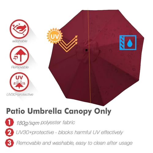 Jorohiker 9ft Patio Umbrella Replacement Canopy,Outdoor Table Market Yard Umbrella Top for Outdoor Umbrella Canopy with 8 Ribs (Wine Red)