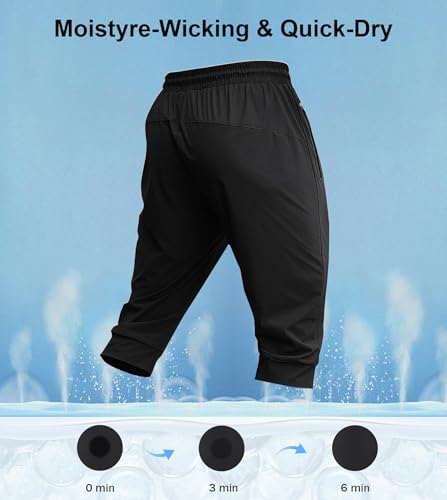Fioboc 3/4 Joggers for Men with Zipper Pockets, Capri Pants Quick Dry Men's Sweatpants Drawcord Adjusts Workout Pants3