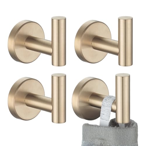JQK Bathroom Towel Hook Champagne Bronze, Coat Robe Clothes Hook for Bathroom Wall Mounted (Pack of 4), SUS 304 Stainless Steel 0.8mm, TH100-CB-P4