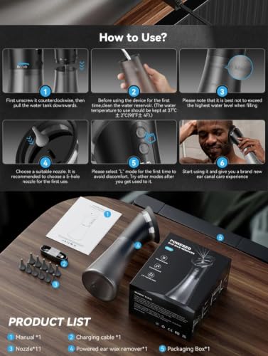 Image of Ear Vleaner E80 Powered Ear Wax Remover with 2-in-1 Water Tank | 3 Pressure Modes, 5-Hole Nozzle, 2000mAh Battery, 11 Nozzles Included, USB-C Charging