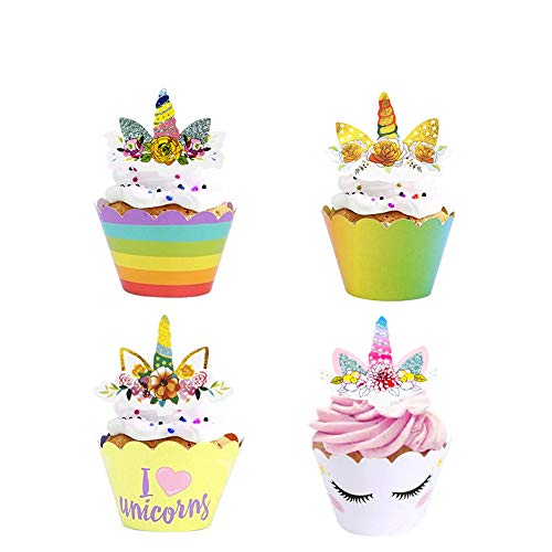24 PCS Unicorn Cupcake Toppers and Wrappers, Birthday Party Supplies, Unicorn Cake Decoration for Birthday, Baby Shower, Valentine