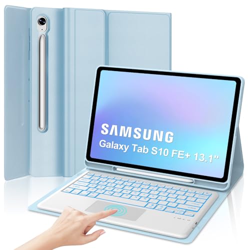 KVAGO Keyboard Case for Samsung Galaxy Tab S10 FE Plus/S10 FE+ 13.1 Inch 2025(SM-X620/X626B), Detachable 7 Colors Backlit Bluetooth Keyboard, Smart Touchpad,Cover with S Pen Holder (Sky Blue)