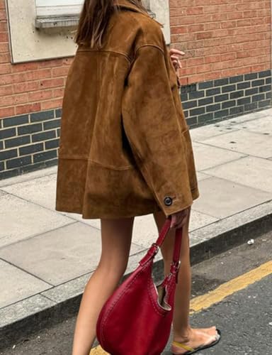 IDEALSANXUN Suede Jacket Women Fall Winter Casual Oversized Faux Leather Blazer Jackets Trench Coat Outerwear4