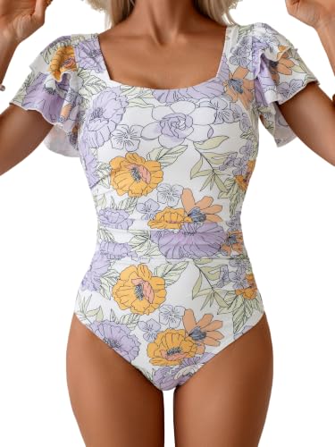 Image of Eomenie Women's Tummy Control One Piece Swimsuit Ruffle Square Neck Bathing Suit Ruched Cutout Back Slimming Swimwear
