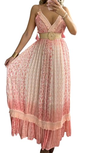 Robe longue bohème rose imprimé cachemire col en V de plage
