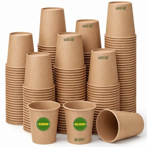 Biotakeware 150 Pack 8 oz Disposable Paper Cups Brown Coffee Cups Unbleached Kraft Paper Sturdy Leak Resistant Hot/Cold Disposable Cups for Party Home Office