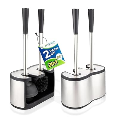 UMIEN 2 Pack Toilet Brush and Plunger Set 18-in - Updated 2025 No-Rust - Stainless Steel Design - Long Handles - with Freestanding Canister (Satin Nickel)