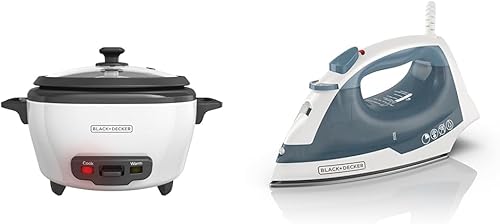 BLACK+DECKER Arrocera de 6 tazas (cocida) con cesta de vapor, cuenco antiadherente extraíble, hierro textil blanco y IR40V, estándar