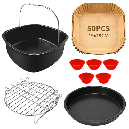 YINGRACE 21 CM Heißluftfritteuse Zubehör Kompatibel für Philips Airfryer XL 6,2L, Tefal 5L, COSORI 4,7L, BPA-frei Quadrat Airfryer XL Zubehör 5PCS mit Backpapier für Heißluftfritteuse