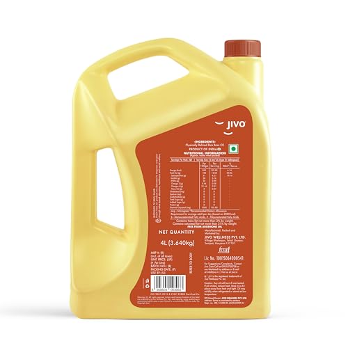 Image of Jivo Rice Bran Oil 4 Litre | Premium Cooking Oil | Rich in Antioxidants | Ideal for Deep Frying, Sauteing & Baking | Chemical-Free