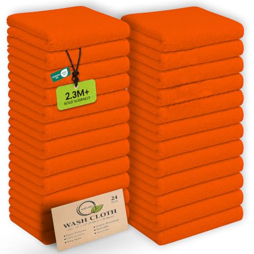 Softolle 100% Cotton Washcloths 24 Pack (12x12 Inches) Soft, Highly Absorbent Washcloth, Face Towels, Wash Cloths for Face, Ring Spun, Bulk Pack (Orange)