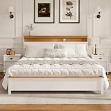 HoldoLife Bed Frame with Tall Headboard, King Size Platform Bed with Charging Station & LED Light, Modern Bedframe, Metal Support No Box Spring Needed, White Oak Finish