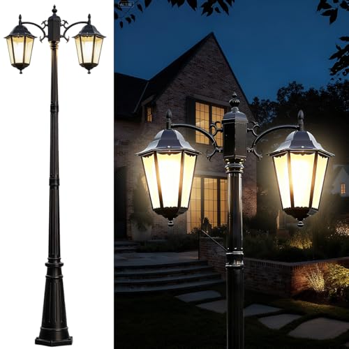 DAHGEO 2-Head Outdoor Lamp Post Lights 94″ IP65 Waterproof Outside Black Street Light Pole with Clear Glass Shade Die-cast Aluminum Retro Pole Lights for Yard Garden Patio Path Driveway by DAHGEO - Used condition - US$150.00