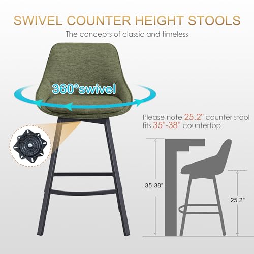 Image of Zesthouse Swivel Bar Stools Set of 2, Modern Counter Height Barstools with Backs, 26'' Upholstered Linen Fabric High Chairs for Island Kitchen, Counter Height Chairs with Metal Legs, Green