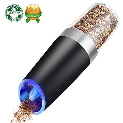 Electric Pepper Grinder and Salt Mill Set Spice Tall Power Shaker, Gravity Control Battery Powered With Blue LED Light, Adjustable Ceramic Coarseness (Black)