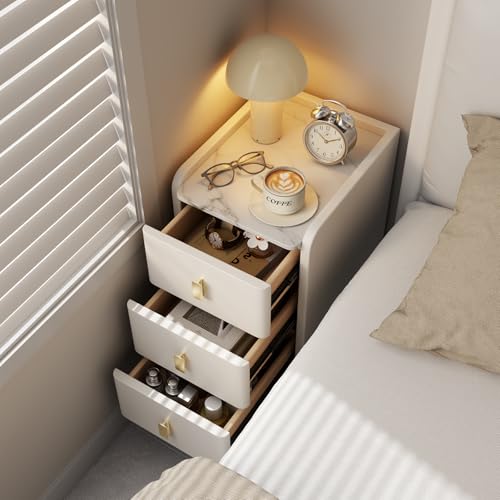 AQIMUELE Nachttisch Schmal, Beistelltisch mit 3 Schubladen, Nachtschrank Oberfläche mit Elegantem Lederdesign… – Ansicht 4