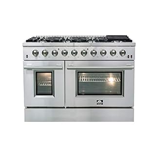 FORNO Galiano 48" Inch All Gas Double Oven Freestanding Gas Range with 8 Sealed Burners Cooktop 107,000 BTU and 6.58 Cu. Ft. Double Convection Oven - Stainless Steel Cast Iron Grates.
