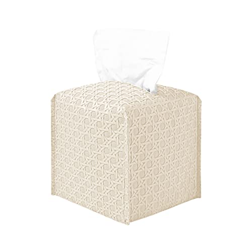 Tissue Box Cover, Faux Leather Tissue Box Holder Square, Decorative Tissue Holders for Bathrooms Tabletop, Car, Office, 5'x5'x5' (Beige)