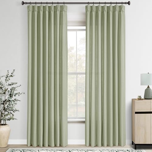 Pinch Pleated Sage Green Curtains 90 inch Long for Living Room 2 Panel Set Light Fitering Semi Sheer Light Green Linen Curtain with Pleat Hooks Rustic Farmhouse Sage Drapes Length 90"