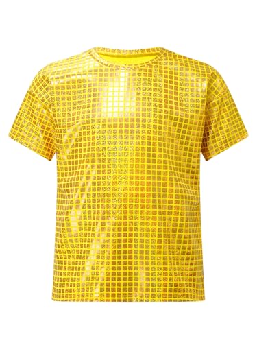 Image of Jugaoge Kids Boys Girls Sparkly Sequin Dance Tops Round Neck Short Sleeve T-Shirts Stage Performance Dancewear Gold 15-16 Years