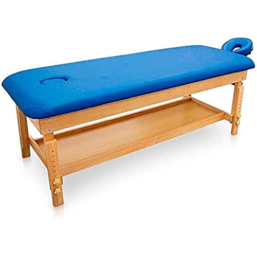 QUIRUMED Camilla de Masaje de Madera Fija Easy, Color Azul, Cama de Masaje, Polipiel, Altura Regulable, Cabezal extraíble, Bandeja apoyabrazos, Tapizado Alta Densidad, hasta 220 kg