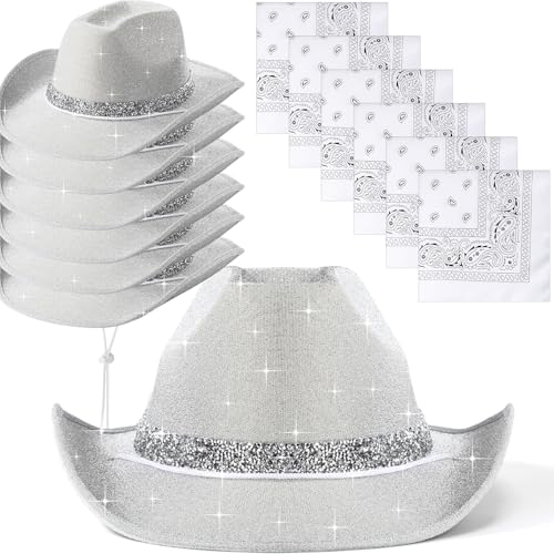 Image of Coume 12 Pcs Sparkly Adults Cowboy Hat and Bandanas Women Men Western Glitter Cowgirl Party Hats with Adjustable Drawstring