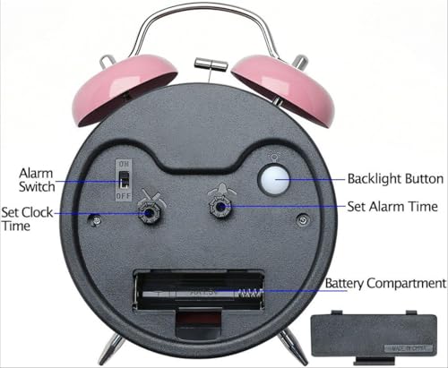 YsyYey Pink Alarm Clock, Twin Bell Alarm Clock, Extra Loud for Heavy Sleepers, No Ticking, Battery Operated with Night Light, Vintage Metal Bedside Clock for Girls, Teenagers and Women - Image 5