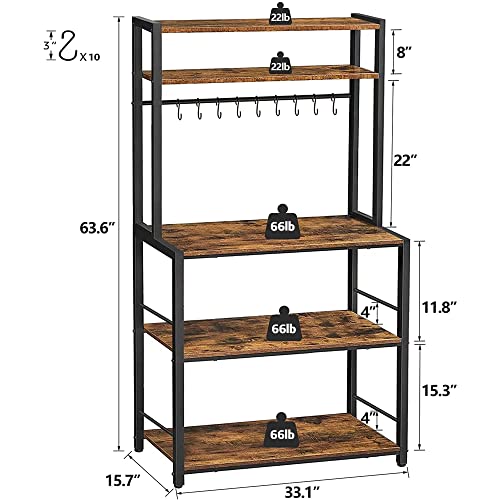 Beewoot Bakers Rack, Coffee Bar, Microwave Oven Stand, Kitchen Tall Utility Storage Shelf, Spice Rack, 10 S-Hooks, Stable Metal Frame, 15.7 X 33.1 X 63.6 Inches, Industrial, Rustic Brown Br01Bb017 #TOP1