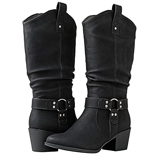 Image of GLOBALWIN Women's Knee High Cowboy Boots - Minimalist Western Round Toe Cowgirl Boots with Comfortable Block Heel, Plain Sleek Design, Tall Dress Boots for Women