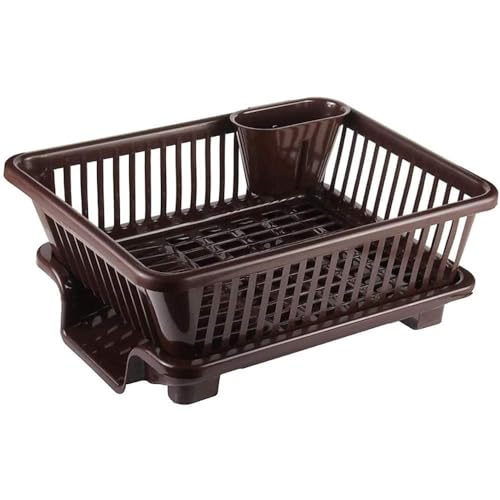 Image of ADD2CART Sink Dish Rack | 3 in 1 Large Durable Plastic Drainer Drying Rack Washing Basket with Tray | Dish Rack Organizers, Utensils Tools Cutlery | Brown, Pack of 1
