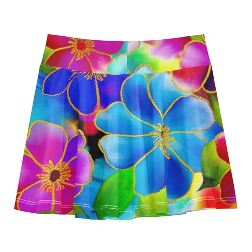 Joisal Watercolor Flowers Blue Kids Tennis Skirts Dance Golf Girls' Shorts Athletic Skorts Pleated 4t2