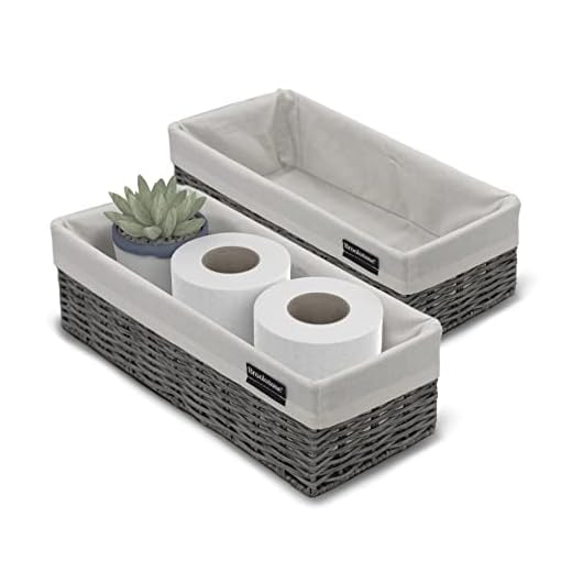 Brookstone Wicker Storage Basket Two Pack Set, Bathroom and Closet Organizers and Storage Bins with Fabric Liner, Grey