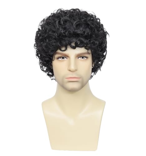 Image of Men's Short Disco Afro Curly Wig 70s 80s, Vintage Fluffy Kinky Curly Wig for Cosplay Halloween Party (Black)