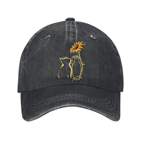 Casquette de baseball en coton lavé premium avec broderie chat et tournesol délicate