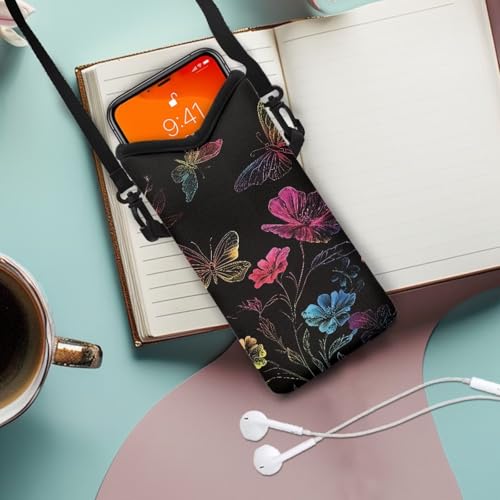 Image of Women Men Small Crossbody Phone Bag Cellphone Pouch with Adjustable Shoulder Strap Neoprene Waterproof Mini Satchel Pouch for Travel, Walking, Beach, Floral Butterfly Black