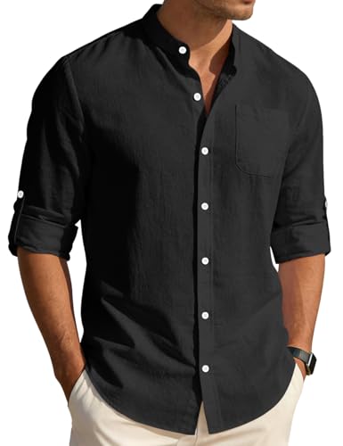 Men's Cotton Linen Shirts Long Sleeve Button Down Shirt Band Collar Beach Summer Casual Shirts Black