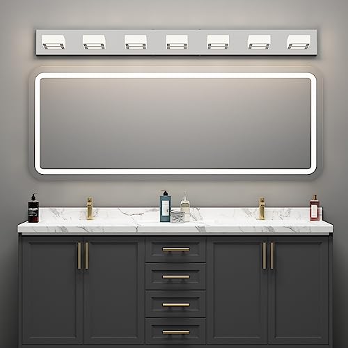 Image of Ralbay 46 inch LED Chrome Vanity Lights 7 Lights Acrylic Stainless Steel LED Modern Vanity Lights Chrome Bathroom Lighting Fixtures Over Long Mirror (Natural White Light 4500K)