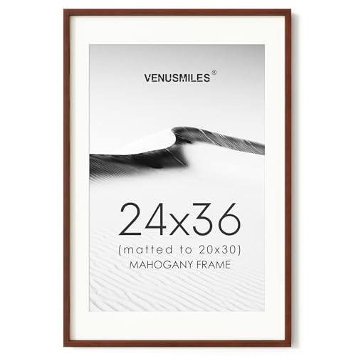Image of 24x36 Poster Frame, USA-Sourced Natural Mahogany Wood Picture Collage Frame with HD Tempered Glass, Modern Simple 24 x 36 Wooden Photo Frame Matted to 20x30, Vertical & Horizontal Wall Hanging Display