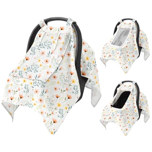 Image of Baby Car Seat Cover with Mesh Window, 100% Cotton Carseat Covers Baby Boy Breathable Infant Car Seat Cover Spring Summer Baby Carseat Cover Lightweight Infant Car Seat Canopy - Floral