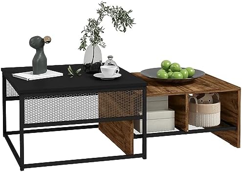 HOMCOM Nesting Tables Set of 2, Industrial Coffee Table Set, Square Coffee Table and 2-Tier Narrow Side Table with Storage Mesh Shelves, Steel Frame for Living Room, Rustic Brown