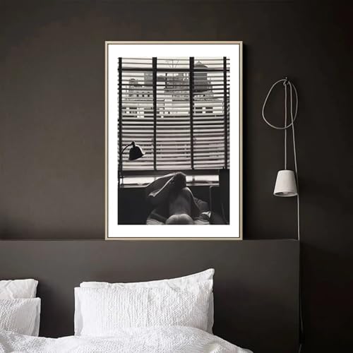 Peinture sur toile paysage fausse fenêtre noire et blanche déco salon 80x120cm
