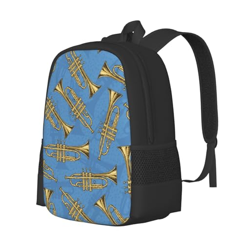 Rqzwdq Golden Trombones Of Music Notes Pattern Backpack Adjustable Bags Casual Daypack Rucksack Travel Holder Outdoor Bookbags For Women Men Adult 17 Inches