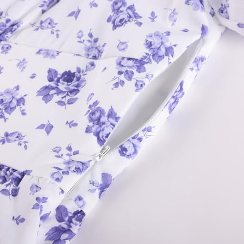 Image of Scarlet Darkness Summer Spring Split Floral Corset Midi Dress with Pockets | Floral dress with elastic sleeves, tie square neck, smocked back, 3 boned waist, left zip, side pockets, front thigh slit