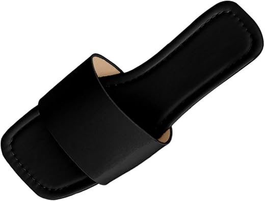 Womens Wide Strap Open Toe Square Toe Flat Slide Sandals, Comfort Slip On Shoes, Lightweight Footwear, Casual & Summer Beach Everyday Wear