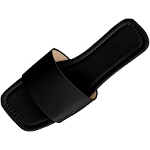 Womens Wide Strap Open Toe Square Toe Flat Slide Sandals, Comfort Slip On Shoes, Lightweight Footwear, Casual & Summer Beach Everyday Wear
