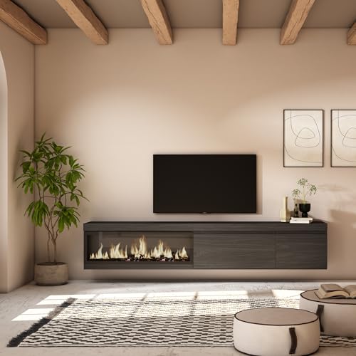 Miniatura 2 de Skraut Home Mueble Tv Televisión Muebles De Salón, Almacenaje 237x45x35 Cm Para Tv Gran Formato Chimenea Eléctrica Xxl Colgado, Suspendido Estilo Moderno Negro