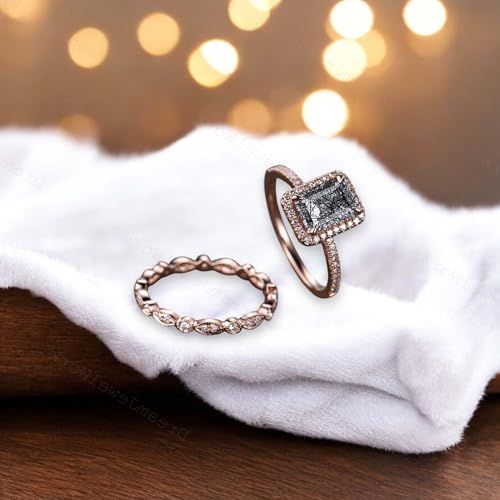Vintage Emerald cut black rutilated quartz engagement ring set 14k rose gold art deco wedding ring for women unique bridal promise ring set birthday gift for her3