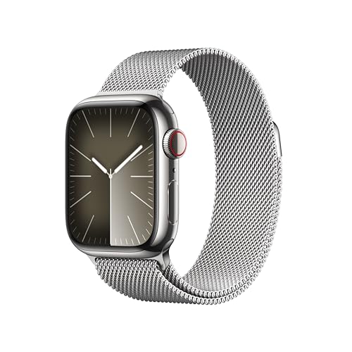 Image of Apple Watch Series 9 [GPS + Cellular 41mm] Smartwatch with Silver Stainless Steel Case with Silver Milanese Loop. Fitness Tracker, ECG Apps, Always-On Retina Display