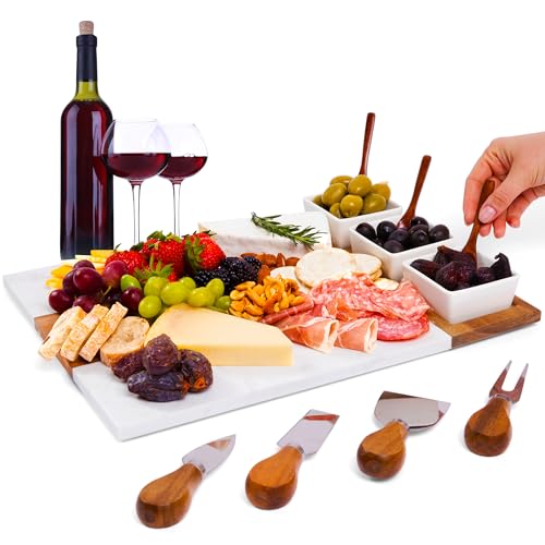 Charcuterie Board Gift Set Acacia Wood and Marble - 11 Piece Cheeseboard Serving Tray - Includes Cheese Knives Utensils, Ceramic Bowls, Wooden Spoons - Home Housewarming Gift - for Hosting Appetizers